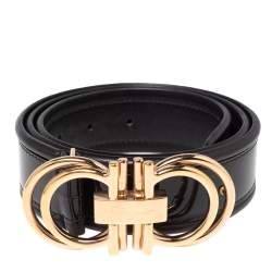 مملوكة مسبقًا حزام سالفاتوري فيراغامو جلد أسود لامع بحافة جلد وإبزيم غانشيني 90 سم