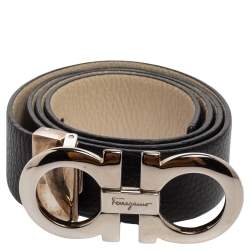 مملوكة مسبقًا Salvatore Ferragamo Black Grained Leather Gancini Reversible Belt