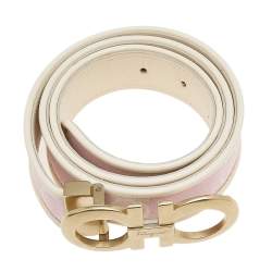 Pre Owned Salvatore Ferragamo Pink/White Canvas and Leather Gancini Buckle Cut to Size Belt