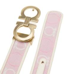 Pre Owned Salvatore Ferragamo Pink/White Canvas and Leather Gancini Buckle Cut to Size Belt