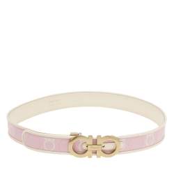 Pre Owned Salvatore Ferragamo Pink/White Canvas and Leather Gancini Buckle Cut to Size Belt