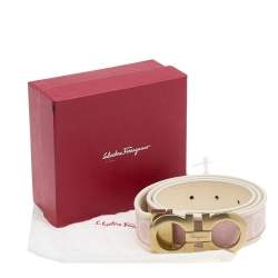 Pre Owned Salvatore Ferragamo Pink/White Canvas and Leather Gancini Buckle Cut to Size Belt