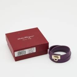 Pre Owned Salvatore Ferragamo Gancini Lock Purple Leather Gold Tone Wrap Bracelet
