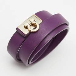 Pre Owned Salvatore Ferragamo Gancini Lock Purple Leather Gold Tone Wrap Bracelet
