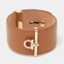 مملوكة مسبقًا Salvatore Ferragamo Brown Leather Gold Tone Wrap Bracelet 