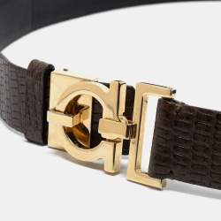 Pre Owned Salvatore Ferragamo Green Lizard Embossed Leather Gancio Belt