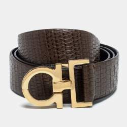 Pre Owned Salvatore Ferragamo Green Lizard Embossed Leather Gancio Belt