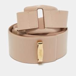 Pre Owned Salvatore Ferragamo Beige Leather Vara Bow Wide Waist Belt 70CM