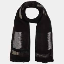 Salvatore Ferragamo Black Lurex Striped Silk & Wool Stole 