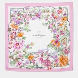 Salvatore Ferragamo Pink & White Floral Printed Silk Square Scarf