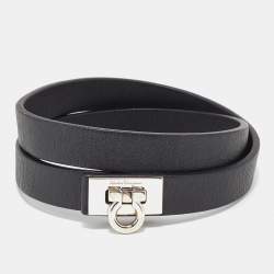 Salvatore Ferragamo Leather Silver Tone Wrap Bracelet