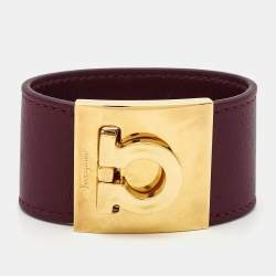 Pre Owned Salvatore Ferragamo Wide Gancio Leather Gold Tone Bracelet