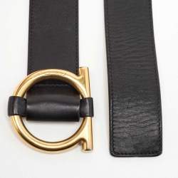 Pre Owned Salvatore Ferragamo Black Leather Gancini Buckle Belt 65CM