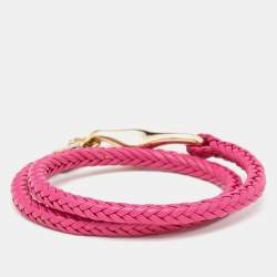 Salvatore Ferragamo Pink Braided Leather Gold Tone Wrap Bracelet