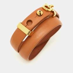 Pre Owned Salvatore Ferragamo Gold Tone Brown Leather Wrap Bracelet