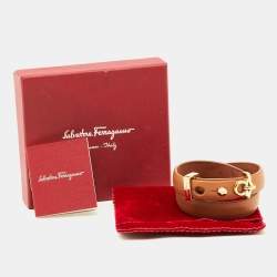 Pre Owned Salvatore Ferragamo Gold Tone Brown Leather Wrap Bracelet
