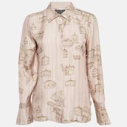 Pre Owned Salvatore Ferragamo Pink Bird Cage Print Silk Ruffled Shirt M