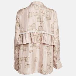 Pre Owned Salvatore Ferragamo Pink Bird Cage Print Silk Ruffled Shirt M