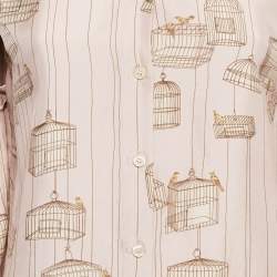 Pre Owned Salvatore Ferragamo Pink Bird Cage Print Silk Ruffled Shirt M