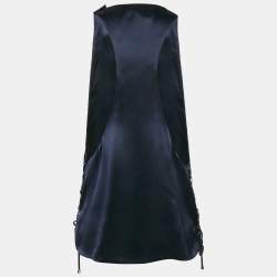 Salvatore Ferragamo Navy Blue Satin Silk Lace-Up Detail Sleeveless Top L