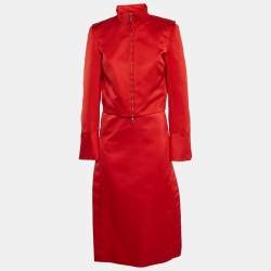 Salvatore Ferragamo Red Synthetic Zip-Up Jacket and Skirt Set M