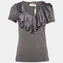 Salvatore Ferragamo Grey Knit & Silk Ruffle Neck Top L
