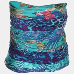 Pre Owned Salvatore Ferragamo Blue Printed Silk Bow Tube Top M