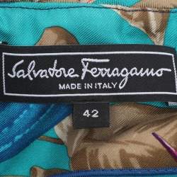 Pre Owned Salvatore Ferragamo Blue Printed Silk Bow Tube Top M