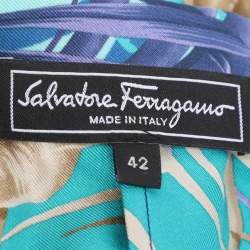 Pre Owned Salvatore Ferragamo Blue Printed Silk Belted Asymmetric Hem Skirt M