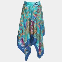 Pre Owned Salvatore Ferragamo Blue Printed Silk Belted Asymmetric Hem Skirt M