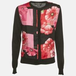 Pre Owned Salvatore Ferragamo Black Wool & Silk Floral Print Cardigan S