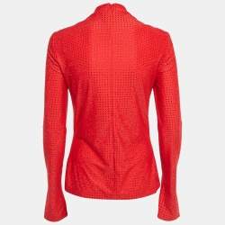 Pre Owned Salvatore Ferragamo Red Stud Embellished Jersey Long Sleeve Top L