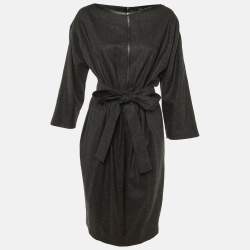 Pre Owned Salvatore Ferragamo Charcoal Grey Wool Midi Dress M