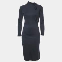 Pre Owned Salvatore Ferragamo Navy Blue Wool Bow Detail Midi Dress S