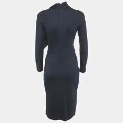 Pre Owned Salvatore Ferragamo Navy Blue Wool Bow Detail Midi Dress S