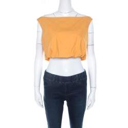 Salvatore Ferragamo Orange Cotton Bateau Neck Back Tie Up Detail Crop Top M