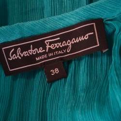 Pre Owned Salvatore Ferragamo Teal Blue Silk Plisse Long Sleeve Shirt S