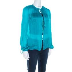 Pre Owned Salvatore Ferragamo Teal Blue Silk Plisse Long Sleeve Shirt S