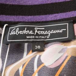 Salvatore Ferragamo Multicolor Floral Print Silk Ribbed Trim Blouse S