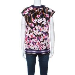 Salvatore Ferragamo Multicolor Floral Print Silk Ribbed Trim Blouse S