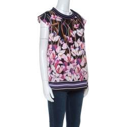 Salvatore Ferragamo Multicolor Floral Print Silk Ribbed Trim Blouse S