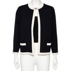 Salvatore Ferragamo Midnight Blue Knit Gancini Buckled Collar Detail Jacket L