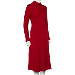 Pre Owned Salvatore Ferragamo Red Rib Knit Paneled Maxi Dress L