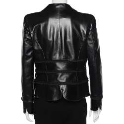 Salvatore Ferragamo Black Leather Trim Detail Button Front Blazer Jacket L