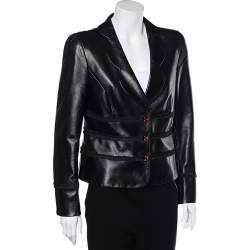Salvatore Ferragamo Black Leather Trim Detail Button Front Blazer Jacket L