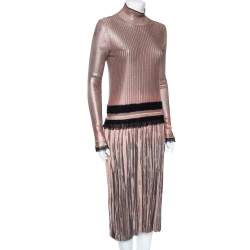 Pre Owned Salvatore Ferragamo Rose Gold Lurex Knit & Coated Long Sleeve Pleated Dress M
