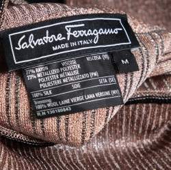Pre Owned Salvatore Ferragamo Rose Gold Lurex Knit & Coated Long Sleeve Pleated Dress M