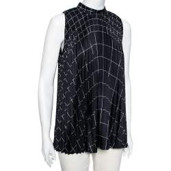 Salvatore Ferragamo Navy Blue Windowpane Printed Silk Pleated Top M
