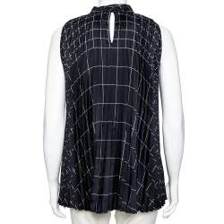 Salvatore Ferragamo Navy Blue Windowpane Printed Silk Pleated Top M
