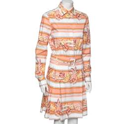 Pre Owned Salvatore Ferragamo Multicolor Printed Cotton Belted Long Sleeve Shirt Dress M